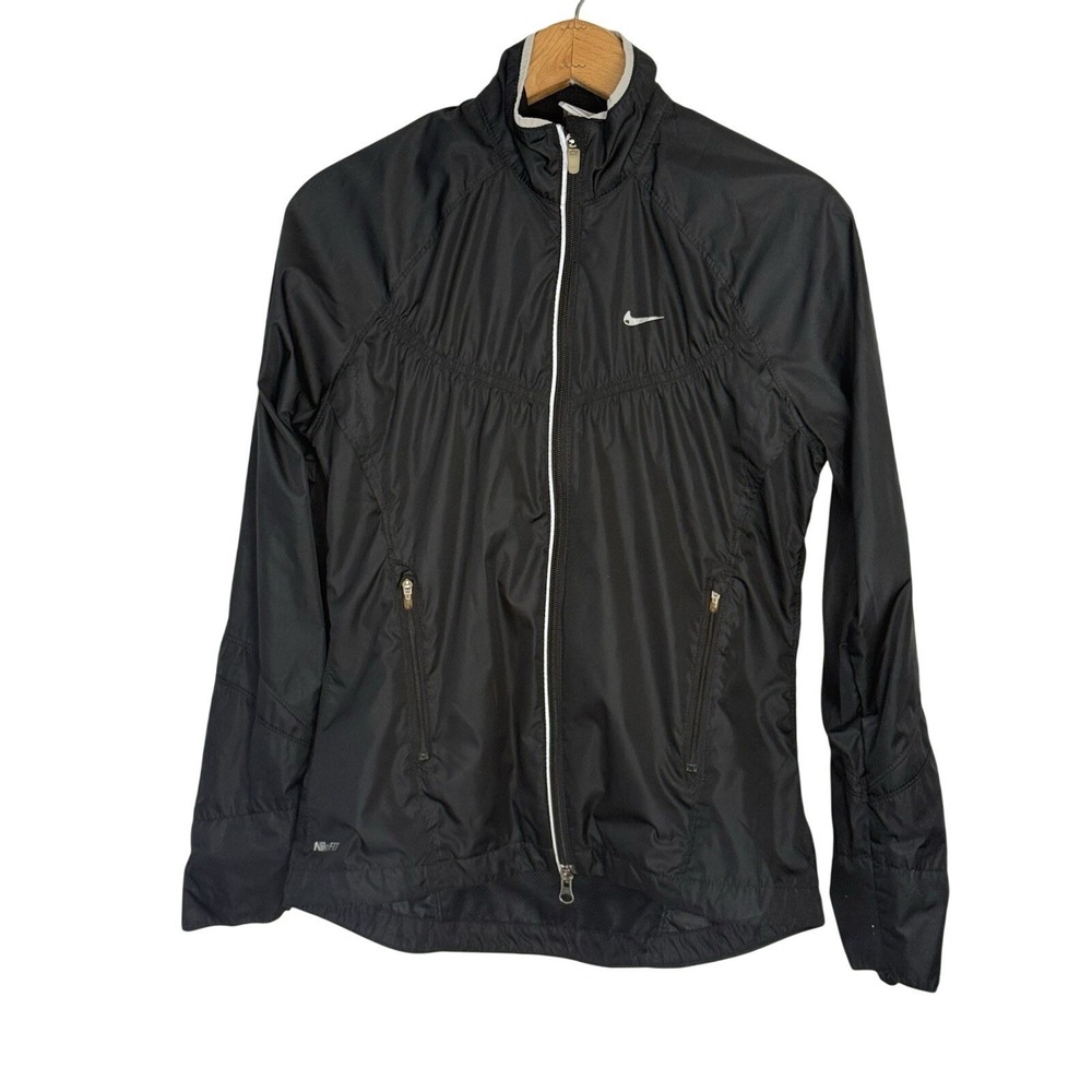 Nike Fit Storm‎ Womens S Full Zip Windbreaker Rain Jacket Black Sporty Athletic